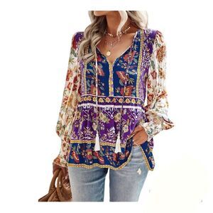 Women's Boho Floral Tassel Tie V Neck Long Sleeve Ruffle Blouse Size L
